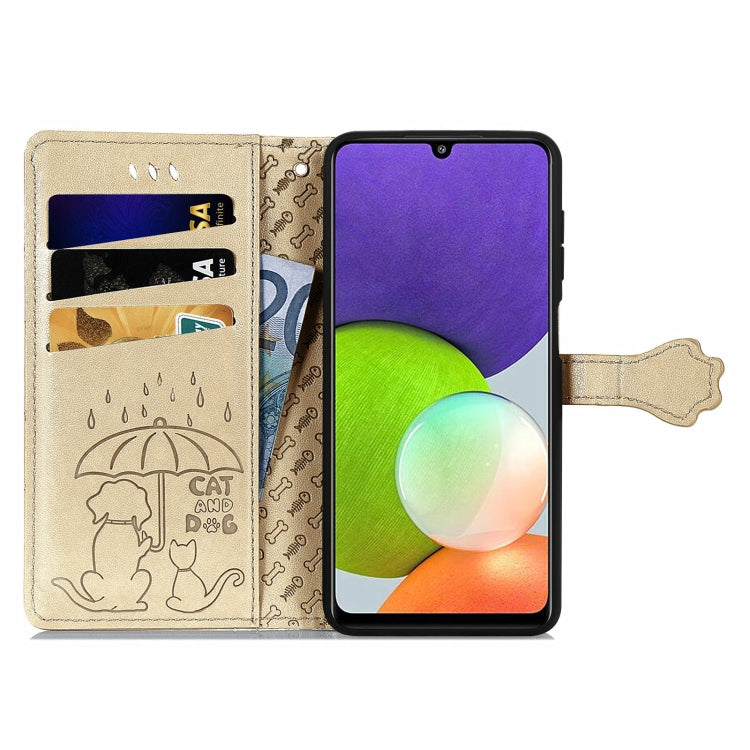 For Galaxy A22 4G Cute Cat and Dog Embossed Horizontal Flip Leather Case with Holder & Card Slots & Wallet & Lanyard