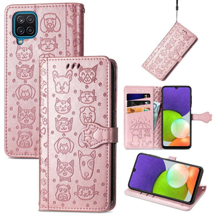 For Galaxy A22 4G Cute Cat and Dog Embossed Horizontal Flip Leather Case with Holder & Card Slots & Wallet & Lanyard
