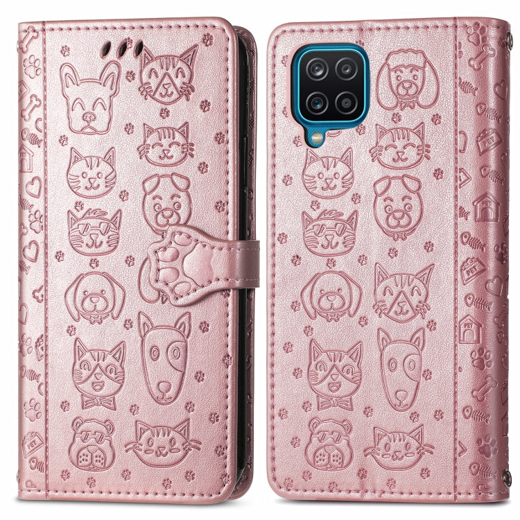 For Galaxy A22 4G Cute Cat and Dog Embossed Horizontal Flip Leather Case with Holder & Card Slots & Wallet & Lanyard