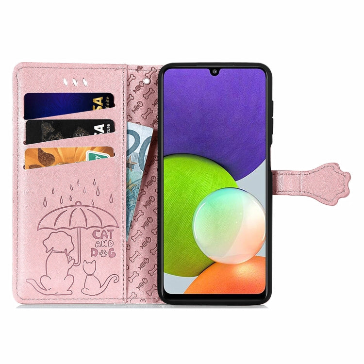For Galaxy A22 4G Cute Cat and Dog Embossed Horizontal Flip Leather Case with Holder & Card Slots & Wallet & Lanyard