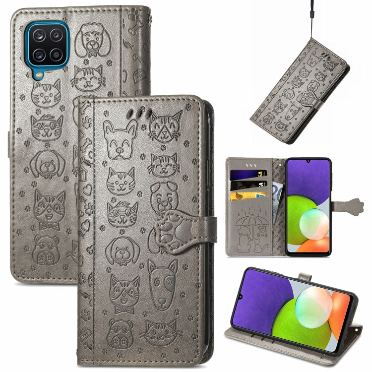 For Galaxy A22 4G Cute Cat and Dog Embossed Horizontal Flip Leather Case with Holder & Card Slots & Wallet & Lanyard