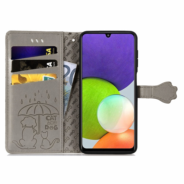 For Galaxy A22 4G Cute Cat and Dog Embossed Horizontal Flip Leather Case with Holder & Card Slots & Wallet & Lanyard