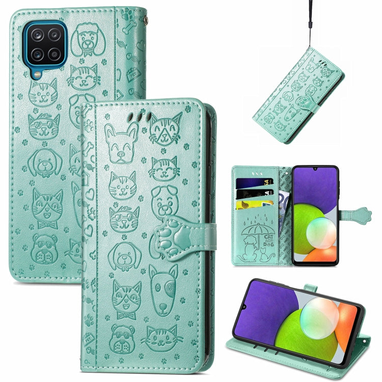 For Galaxy A22 4G Cute Cat and Dog Embossed Horizontal Flip Leather Case with Holder & Card Slots & Wallet & Lanyard