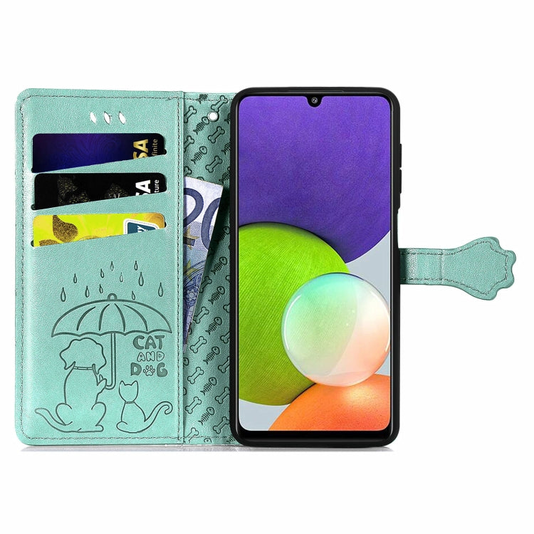 For Galaxy A22 4G Cute Cat and Dog Embossed Horizontal Flip Leather Case with Holder & Card Slots & Wallet & Lanyard