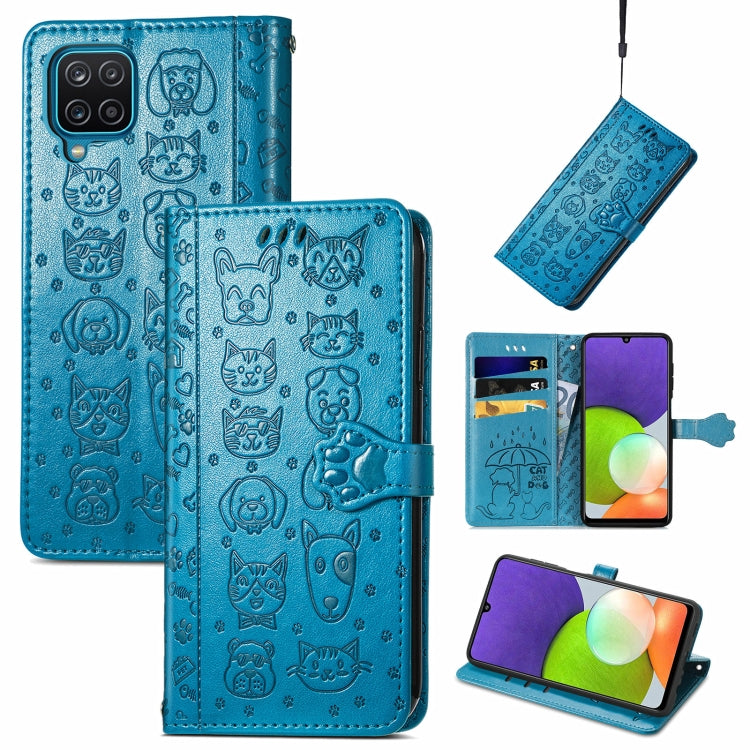 For Galaxy A22 4G Cute Cat and Dog Embossed Horizontal Flip Leather Case with Holder & Card Slots & Wallet & Lanyard