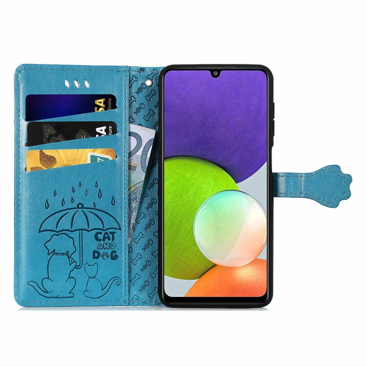 For Galaxy A22 4G Cute Cat and Dog Embossed Horizontal Flip Leather Case with Holder & Card Slots & Wallet & Lanyard