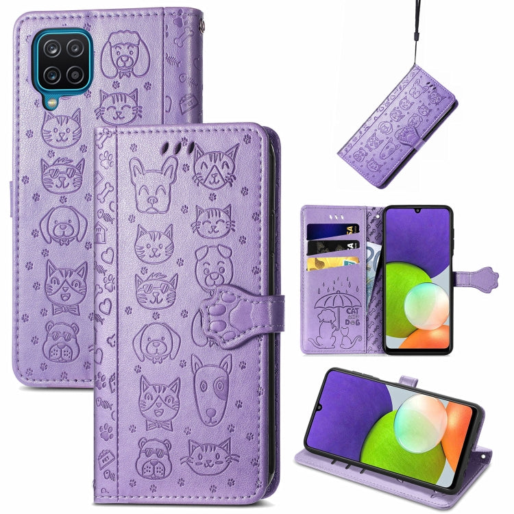 For Galaxy A22 4G Cute Cat and Dog Embossed Horizontal Flip Leather Case with Holder & Card Slots & Wallet & Lanyard