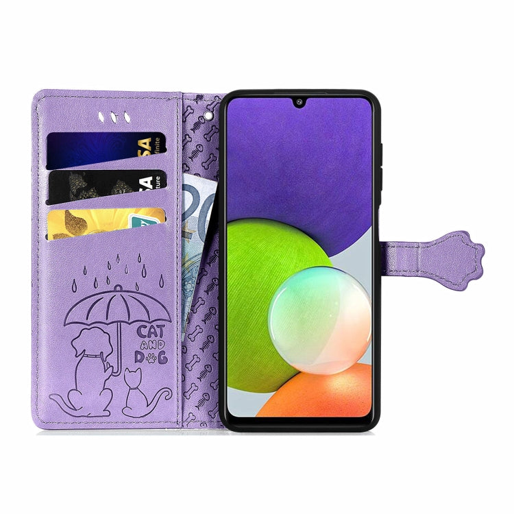 For Galaxy A22 4G Cute Cat and Dog Embossed Horizontal Flip Leather Case with Holder & Card Slots & Wallet & Lanyard