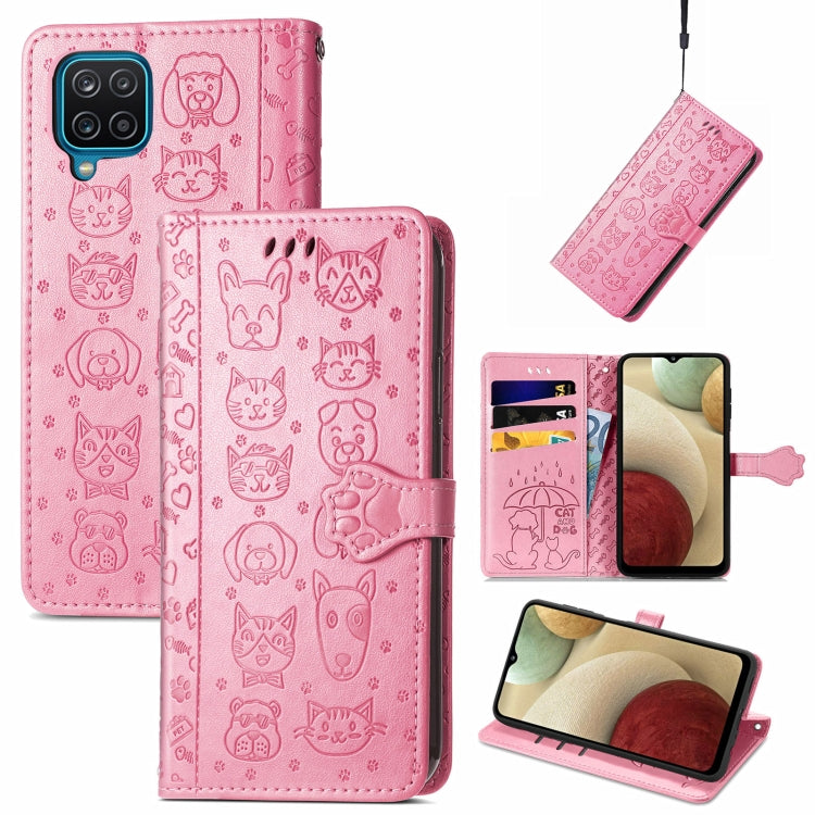For Galaxy A12 Cute Cat and Dog Embossed Horizontal Flip Leather Case with Holder & Card Slots & Wallet & Lanyard