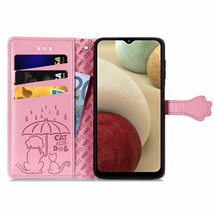 For Galaxy A12 Cute Cat and Dog Embossed Horizontal Flip Leather Case with Holder & Card Slots & Wallet & Lanyard
