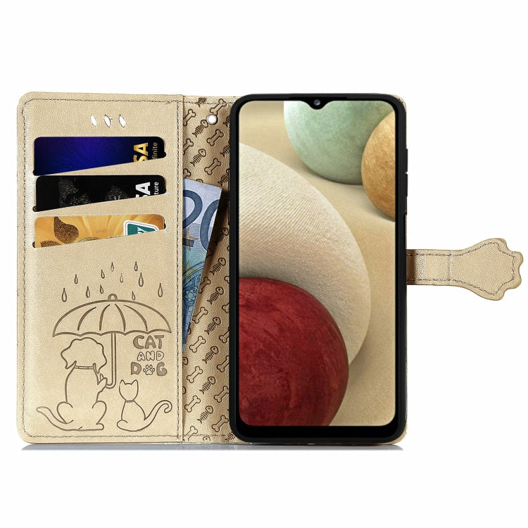 For Galaxy A12 Cute Cat and Dog Embossed Horizontal Flip Leather Case with Holder & Card Slots & Wallet & Lanyard