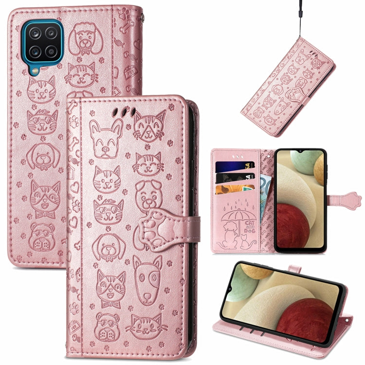 For Galaxy A12 Cute Cat and Dog Embossed Horizontal Flip Leather Case with Holder & Card Slots & Wallet & Lanyard