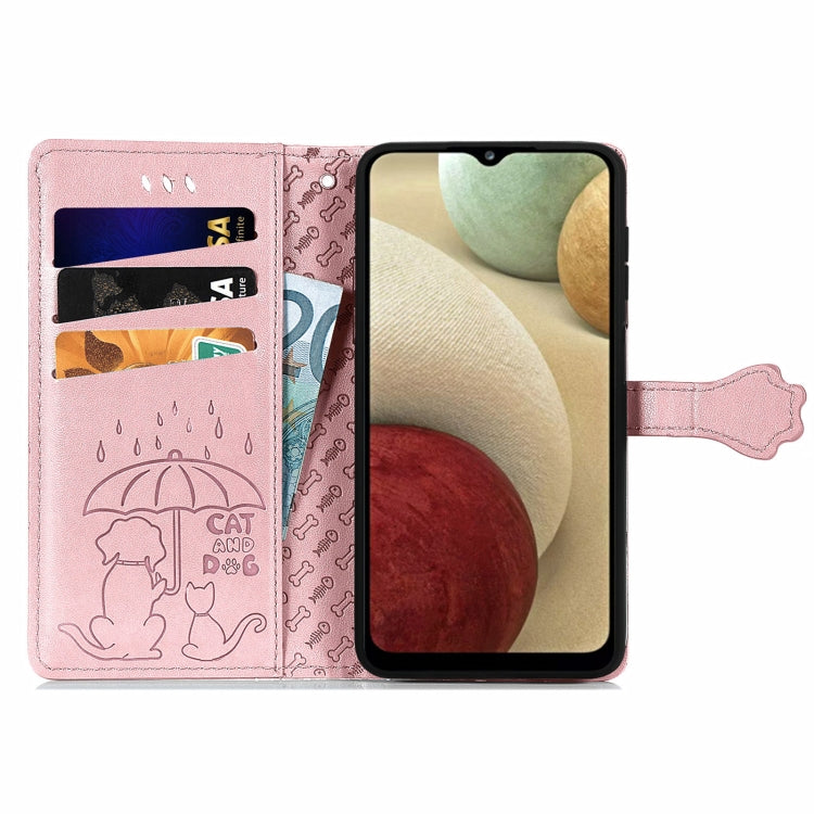 For Galaxy A12 Cute Cat and Dog Embossed Horizontal Flip Leather Case with Holder & Card Slots & Wallet & Lanyard
