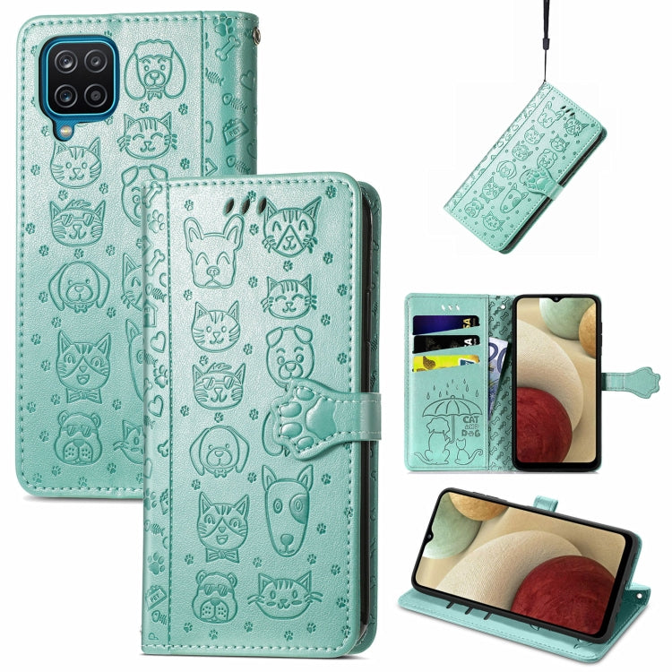 For Galaxy A12 Cute Cat and Dog Embossed Horizontal Flip Leather Case with Holder & Card Slots & Wallet & Lanyard
