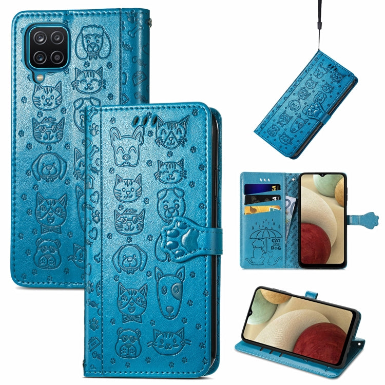 For Galaxy A12 Cute Cat and Dog Embossed Horizontal Flip Leather Case with Holder & Card Slots & Wallet & Lanyard