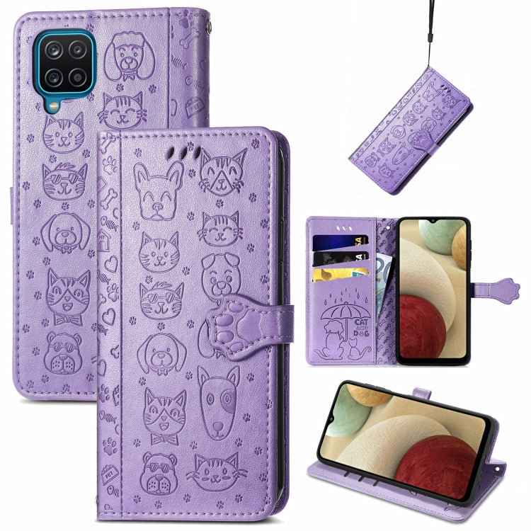 For Galaxy A12 Cute Cat and Dog Embossed Horizontal Flip Leather Case with Holder & Card Slots & Wallet & Lanyard