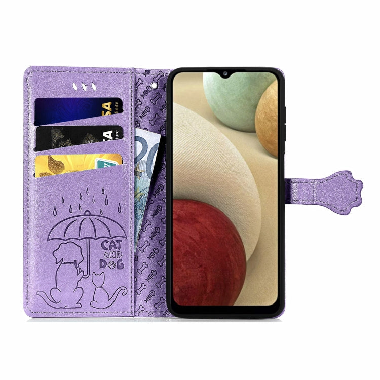 For Galaxy A12 Cute Cat and Dog Embossed Horizontal Flip Leather Case with Holder & Card Slots & Wallet & Lanyard
