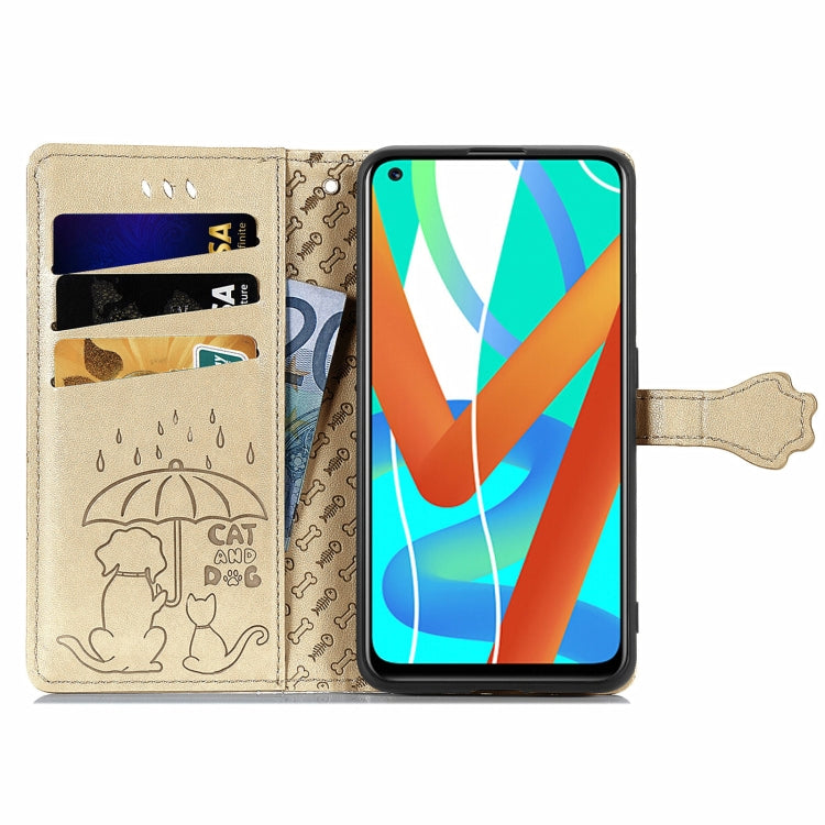 For OPPO Realme V15 5G Cute Cat and Dog Embossed Horizontal Flip Leather Case with Holder & Card Slots & Wallet & Lanyard