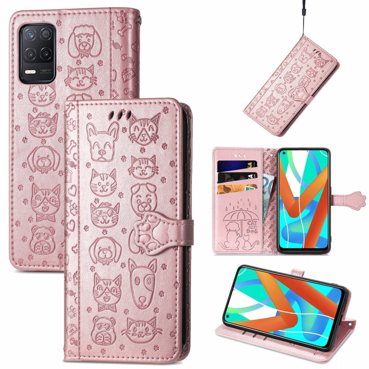 For OPPO Realme V15 5G Cute Cat and Dog Embossed Horizontal Flip Leather Case with Holder & Card Slots & Wallet & Lanyard
