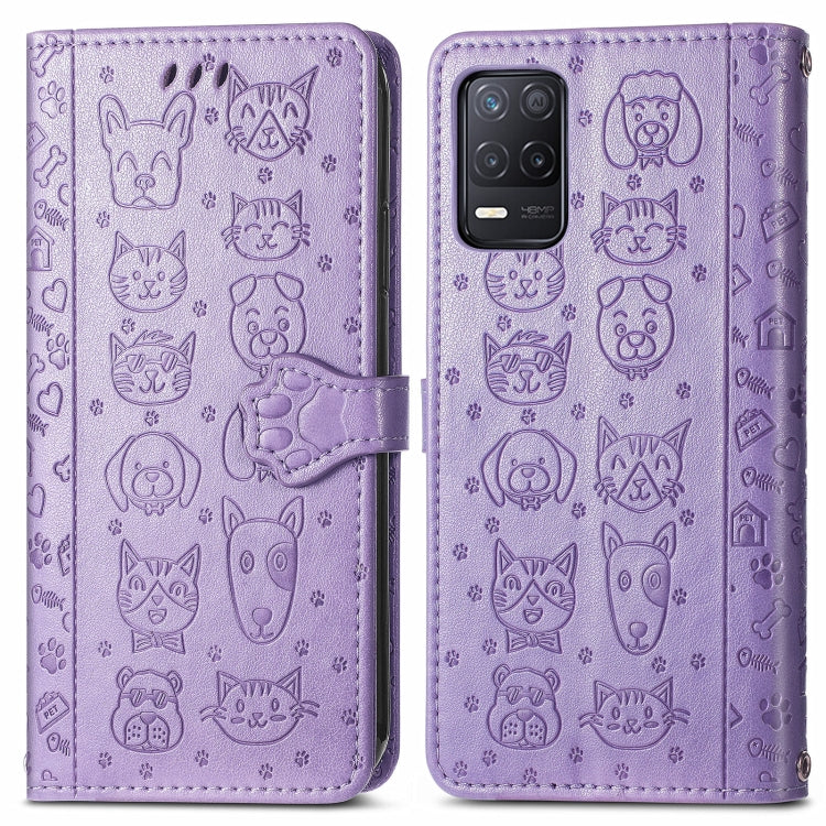 For OPPO Realme V15 5G Cute Cat and Dog Embossed Horizontal Flip Leather Case with Holder & Card Slots & Wallet & Lanyard