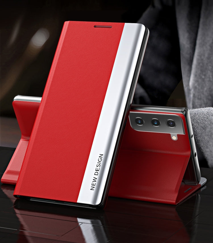 For Samsung Galaxy S21 5G Side Electroplated Magnetic Ultra-Thin Horizontal Flip Leather Case with Holder