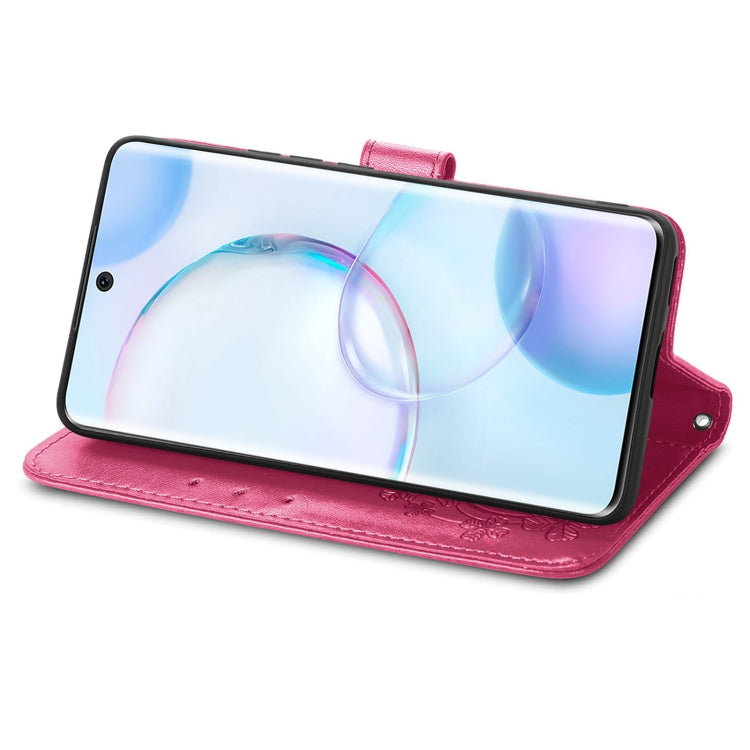 For Honor 50 Four-leaf Clasp Embossed Buckle Mobile Phone Protection Leather Case with Lanyard & Card Slot & Wallet & Bracket Function