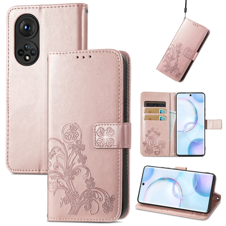 For Honor 50 Four-leaf Clasp Embossed Buckle Mobile Phone Protection Leather Case with Lanyard & Card Slot & Wallet & Bracket Function