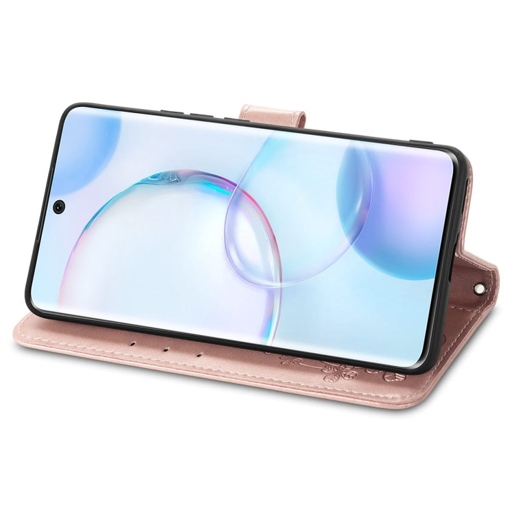 For Honor 50 Four-leaf Clasp Embossed Buckle Mobile Phone Protection Leather Case with Lanyard & Card Slot & Wallet & Bracket Function