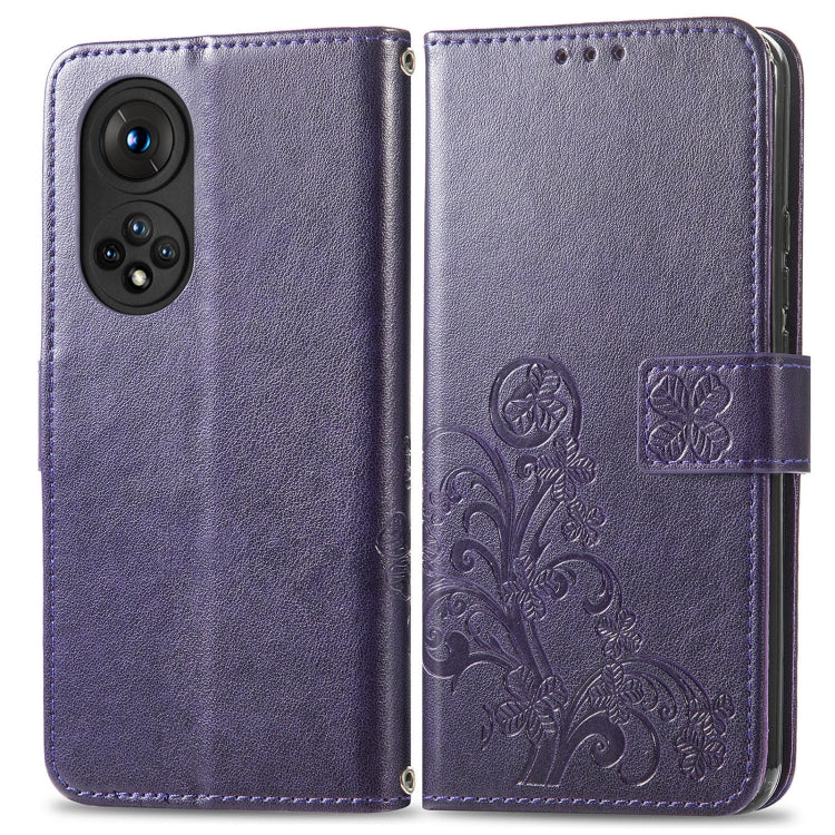 For Honor 50 Four-leaf Clasp Embossed Buckle Mobile Phone Protection Leather Case with Lanyard & Card Slot & Wallet & Bracket Function