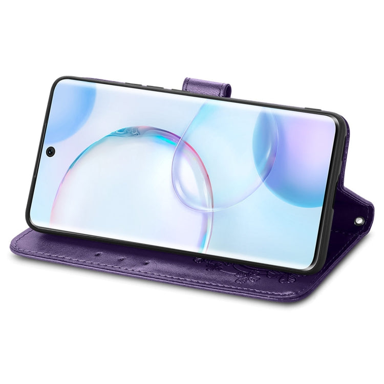 For Honor 50 Four-leaf Clasp Embossed Buckle Mobile Phone Protection Leather Case with Lanyard & Card Slot & Wallet & Bracket Function