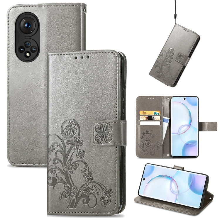 For Honor 50 Four-leaf Clasp Embossed Buckle Mobile Phone Protection Leather Case with Lanyard & Card Slot & Wallet & Bracket Function
