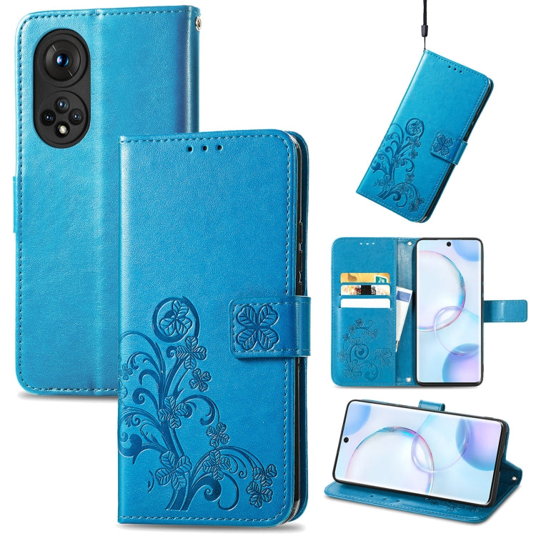 For Honor 50 Four-leaf Clasp Embossed Buckle Mobile Phone Protection Leather Case with Lanyard & Card Slot & Wallet & Bracket Function