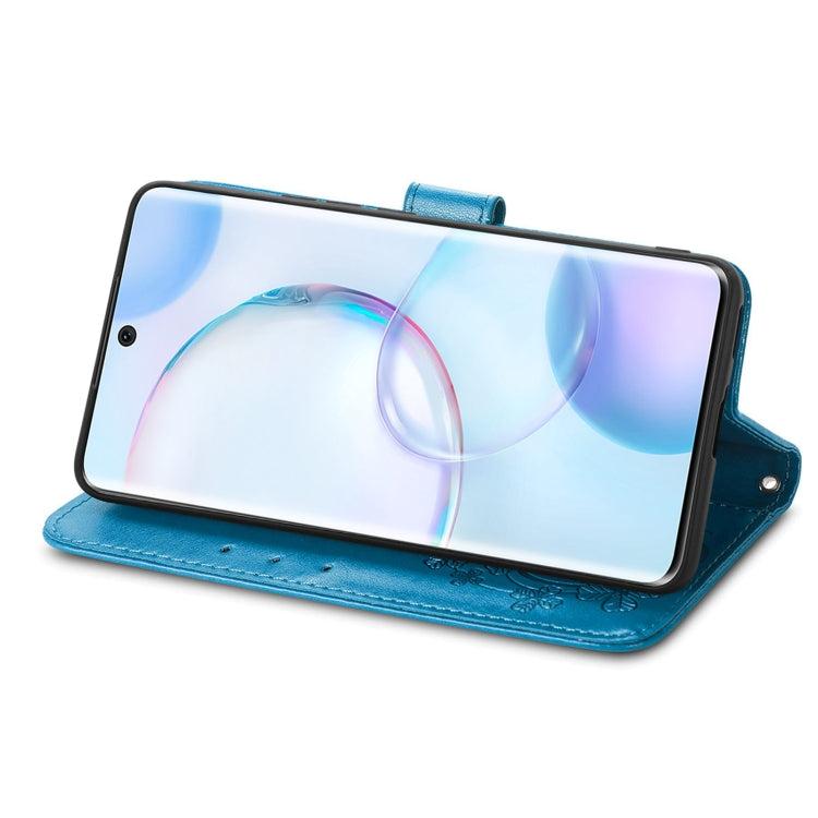 For Honor 50 Four-leaf Clasp Embossed Buckle Mobile Phone Protection Leather Case with Lanyard & Card Slot & Wallet & Bracket Function