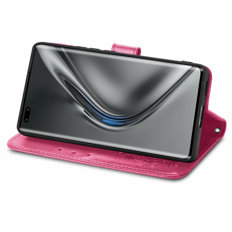 For Honor V40 5G Four-leaf Clasp Embossed Buckle Mobile Phone Protection Leather Case with Lanyard & Card Slot & Wallet & Bracket Function