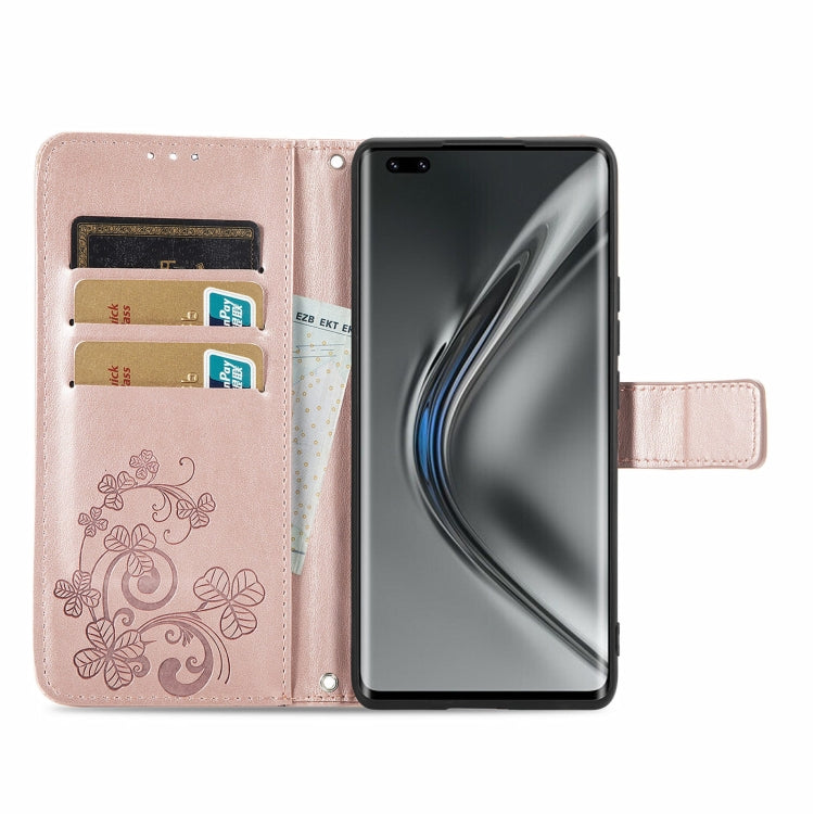 For Honor V40 5G Four-leaf Clasp Embossed Buckle Mobile Phone Protection Leather Case with Lanyard & Card Slot & Wallet & Bracket Function