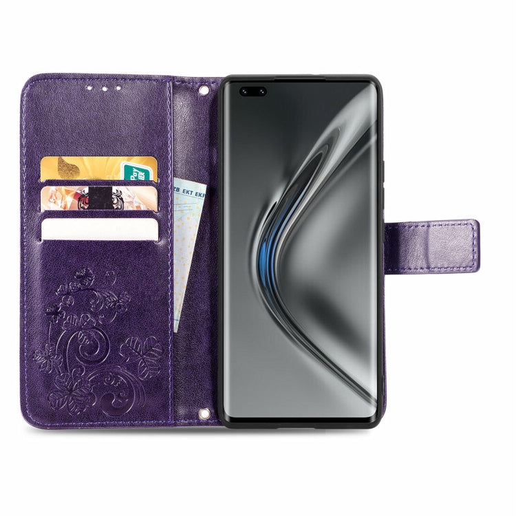 For Honor V40 5G Four-leaf Clasp Embossed Buckle Mobile Phone Protection Leather Case with Lanyard & Card Slot & Wallet & Bracket Function
