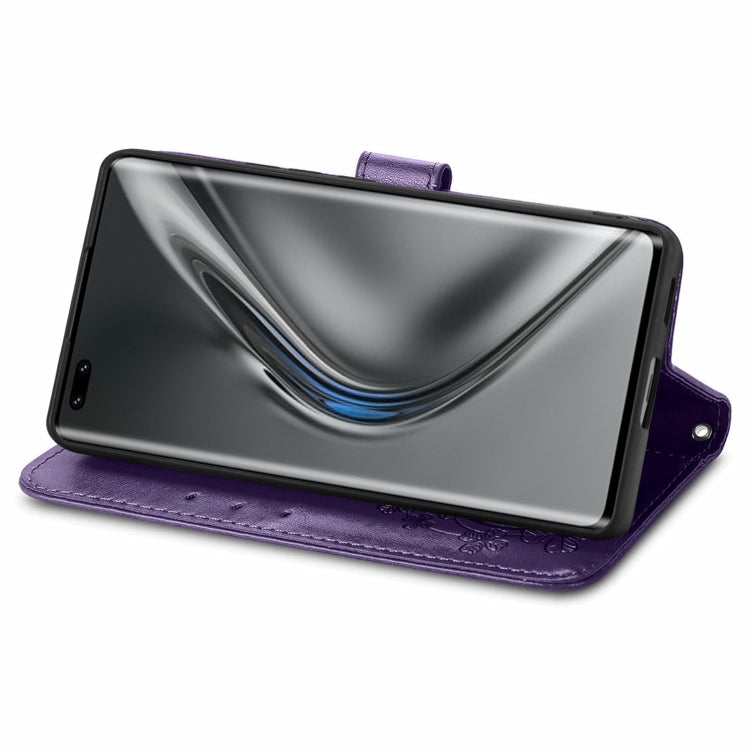 For Honor V40 5G Four-leaf Clasp Embossed Buckle Mobile Phone Protection Leather Case with Lanyard & Card Slot & Wallet & Bracket Function