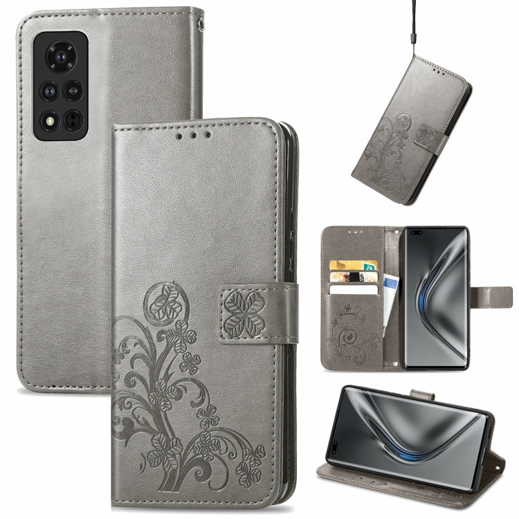 For Honor V40 5G Four-leaf Clasp Embossed Buckle Mobile Phone Protection Leather Case with Lanyard & Card Slot & Wallet & Bracket Function