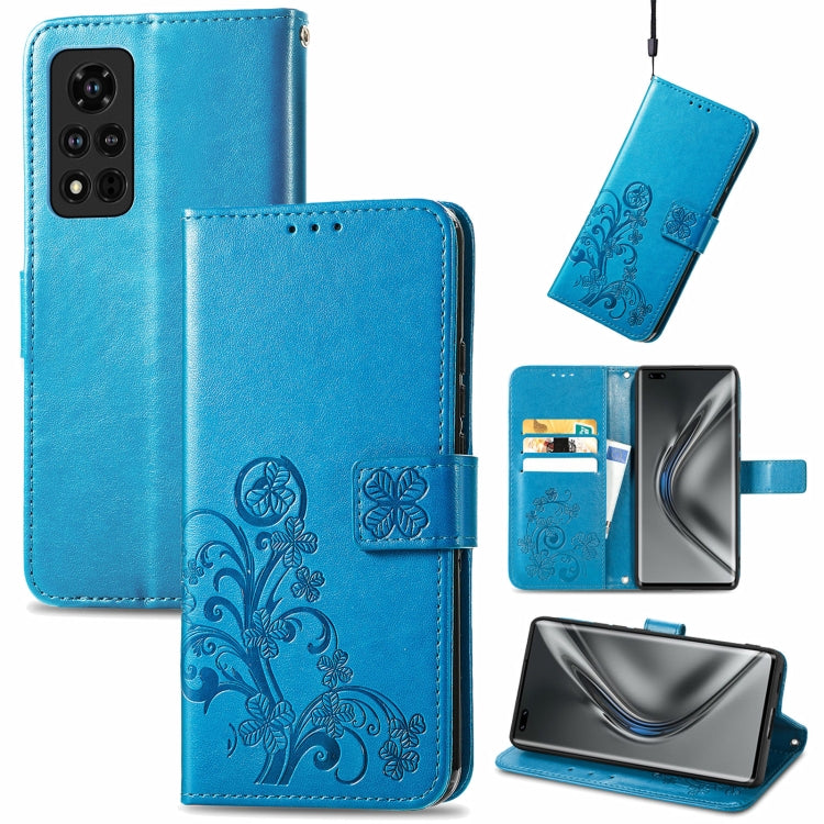 For Honor V40 5G Four-leaf Clasp Embossed Buckle Mobile Phone Protection Leather Case with Lanyard & Card Slot & Wallet & Bracket Function
