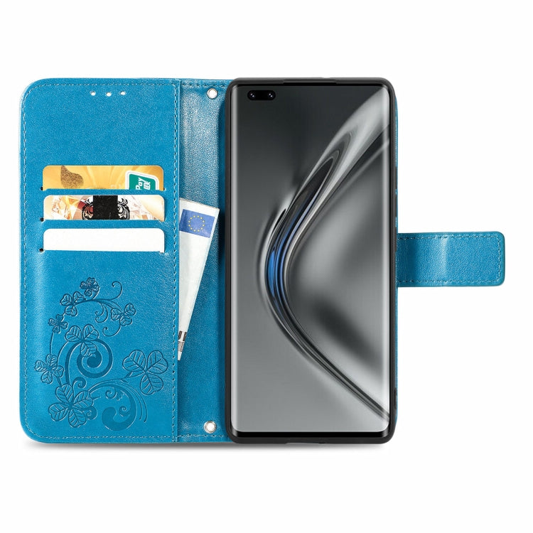 For Honor V40 5G Four-leaf Clasp Embossed Buckle Mobile Phone Protection Leather Case with Lanyard & Card Slot & Wallet & Bracket Function
