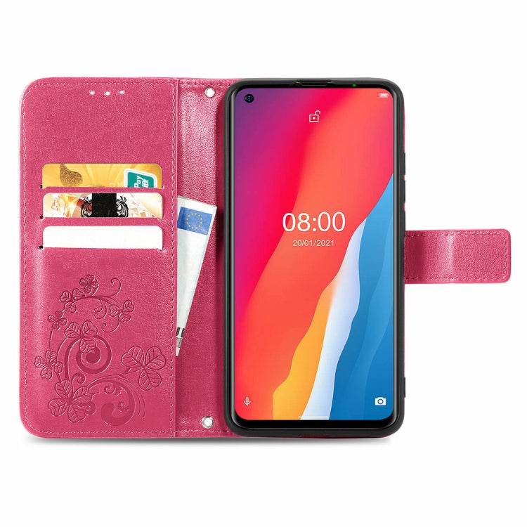For Ulefone Note 11 Plus Four-leaf Clasp Embossed Buckle Mobile Phone Protection Leather Case with Lanyard & Card Slot & Wallet & Bracket Function