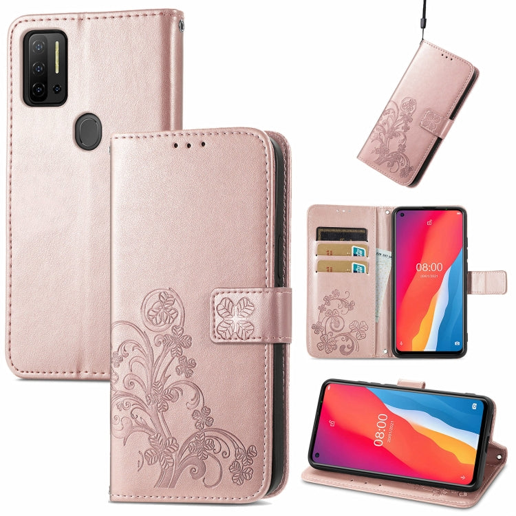 For Ulefone Note 11 Plus Four-leaf Clasp Embossed Buckle Mobile Phone Protection Leather Case with Lanyard & Card Slot & Wallet & Bracket Function