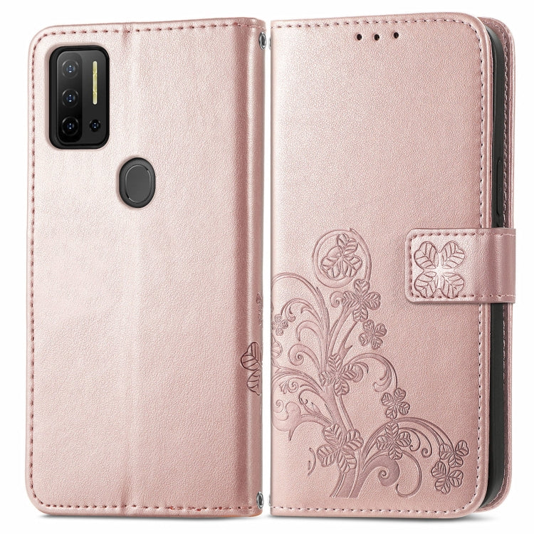 For Ulefone Note 11 Plus Four-leaf Clasp Embossed Buckle Mobile Phone Protection Leather Case with Lanyard & Card Slot & Wallet & Bracket Function
