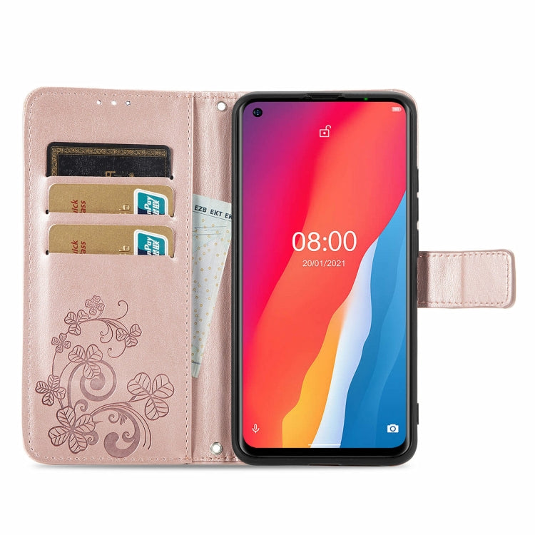 For Ulefone Note 11 Plus Four-leaf Clasp Embossed Buckle Mobile Phone Protection Leather Case with Lanyard & Card Slot & Wallet & Bracket Function
