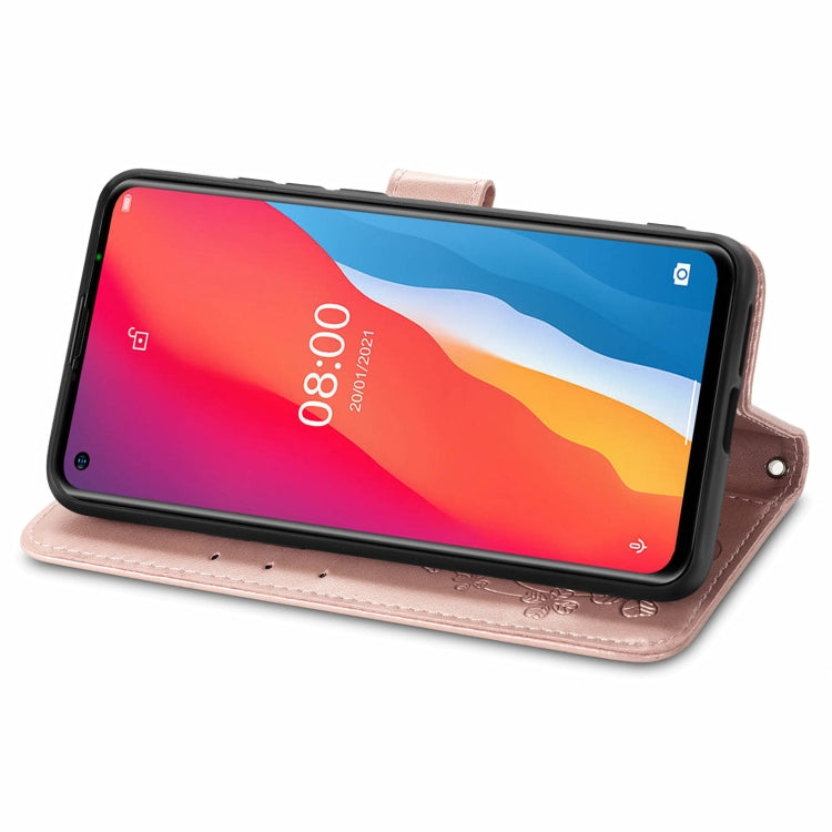 For Ulefone Note 11 Plus Four-leaf Clasp Embossed Buckle Mobile Phone Protection Leather Case with Lanyard & Card Slot & Wallet & Bracket Function
