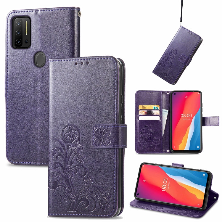 For Ulefone Note 11 Plus Four-leaf Clasp Embossed Buckle Mobile Phone Protection Leather Case with Lanyard & Card Slot & Wallet & Bracket Function