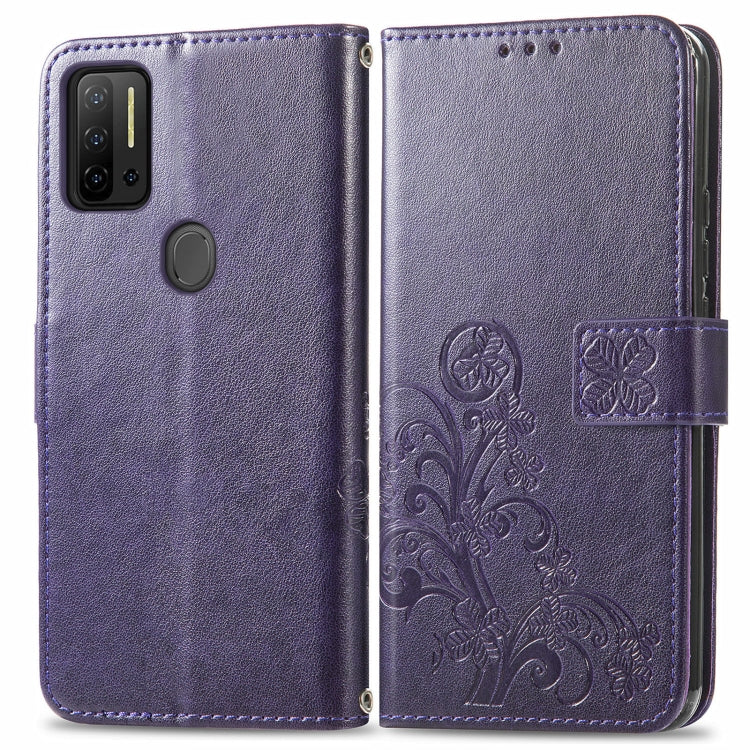 For Ulefone Note 11 Plus Four-leaf Clasp Embossed Buckle Mobile Phone Protection Leather Case with Lanyard & Card Slot & Wallet & Bracket Function