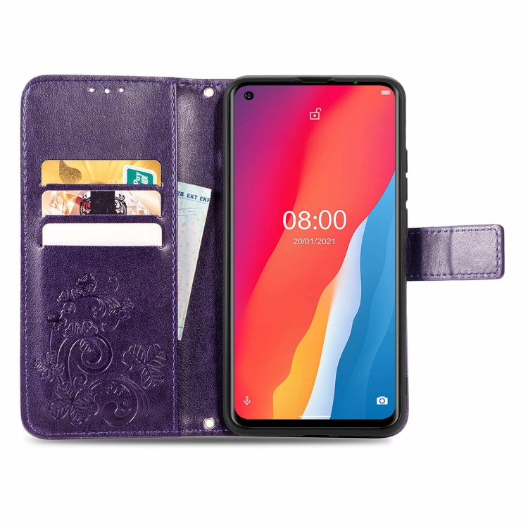 For Ulefone Note 11 Plus Four-leaf Clasp Embossed Buckle Mobile Phone Protection Leather Case with Lanyard & Card Slot & Wallet & Bracket Function