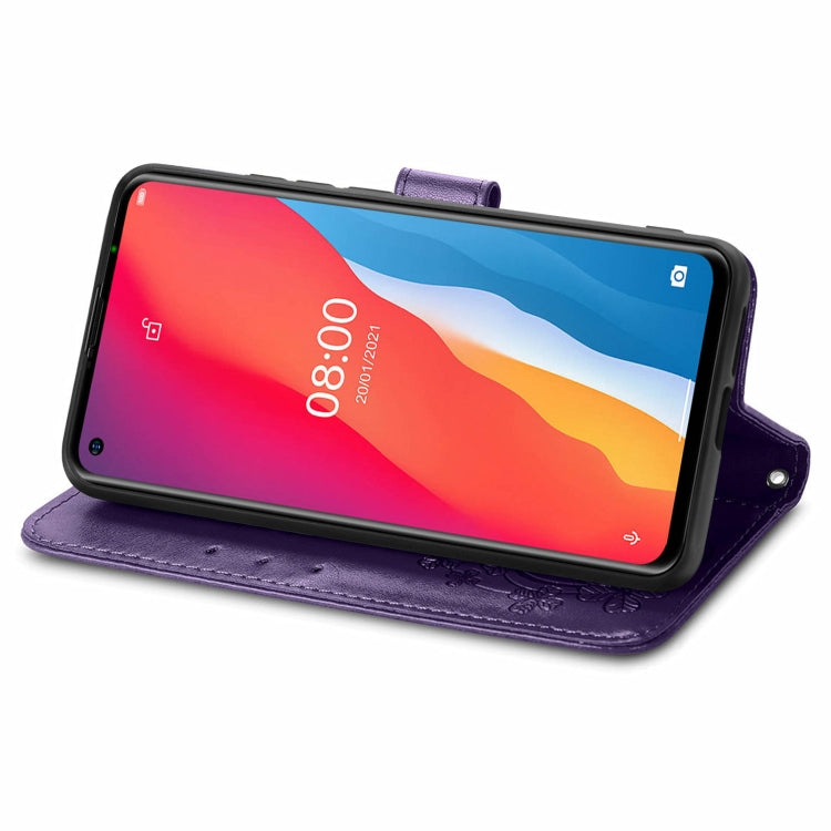 For Ulefone Note 11 Plus Four-leaf Clasp Embossed Buckle Mobile Phone Protection Leather Case with Lanyard & Card Slot & Wallet & Bracket Function
