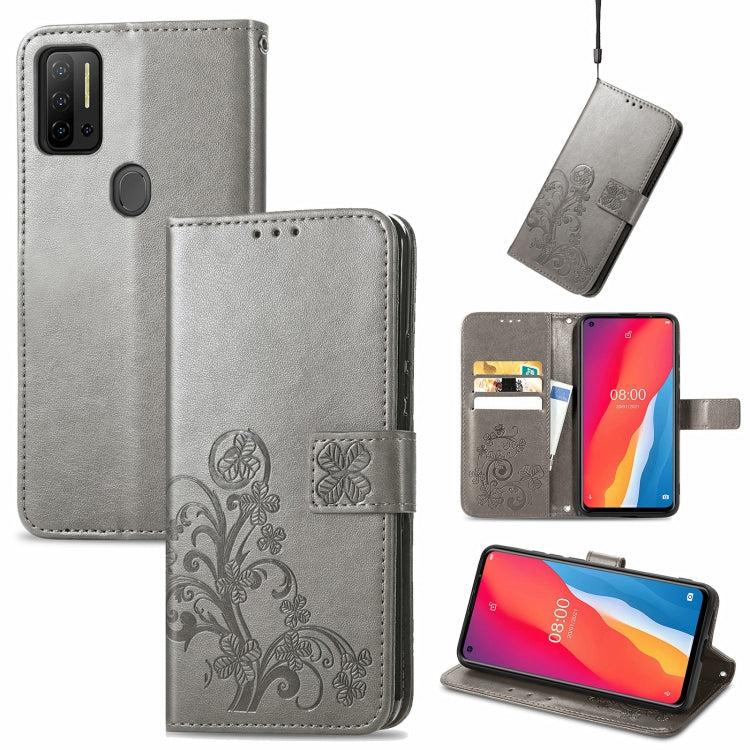 For Ulefone Note 11 Plus Four-leaf Clasp Embossed Buckle Mobile Phone Protection Leather Case with Lanyard & Card Slot & Wallet & Bracket Function